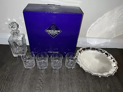 Buy Edinburgh Crystal Embassy Square Spirit Decanter & Stopper 4 X Glasses Tray Box • 74.95£