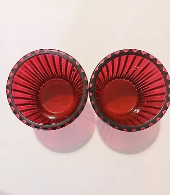 Buy Tea Light Holders Pair Of Lined Design Vintage Red Pink Glass Vgc Fan Shape Top • 12.65£