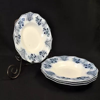 Buy W. H. Grindley 4 Soup Bowls Rimmed Merion Flow Blue On White Embossed 1897-1914 • 100.81£