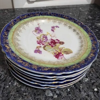 Buy Cobalt Flow Blue White And Green Gold Rim Detail Bavaria Purple Floral 6 Plates • 88.53£