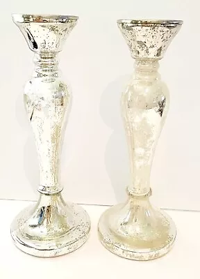 Buy 2 Pottery Barn Mercury Glass Pillar Candle Holders Pair 12  Tall Collectible  • 36.30£