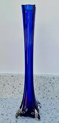Buy Murano-Style Cobalt Blue Vintage Art Glass Vase Tall Thin • 3.99£
