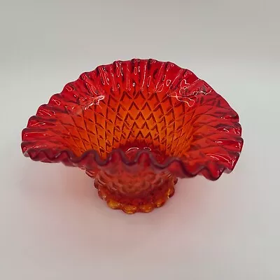 Buy Vintage Red Amber Art Glass Diamond Cut Ruffled Bowl  • 21.39£