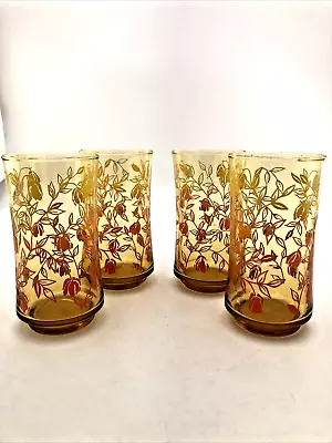 Buy VINTAGE MCM 4 AMBER Drinking GLASSES Flowers ORANGE WATER TUMBLERS 10 Oz *RARE* • 23.30£