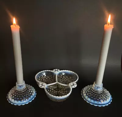 Buy Vintage Fenton White/Blue Tone Opalescent Moonstone Candle Holders &Relish Dish • 41.93£