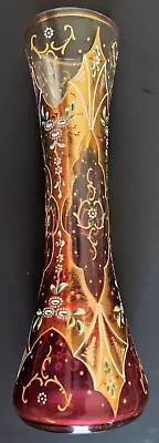 Buy Antique Bohemian Moser Style Art Glass Crystal Vase Red Hand Painted Gold Floral • 65.24£