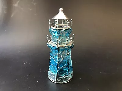 Buy Hand Made Small Glass Metal Lighthouse - Blue / Clear - Chrome - 14cm Tall • 13.50£