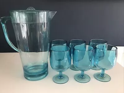 Buy Marks & Spencer M&S 6 X Blue Drinking Plastic Picnic Glasses & Water Jug Pitcher • 15.95£