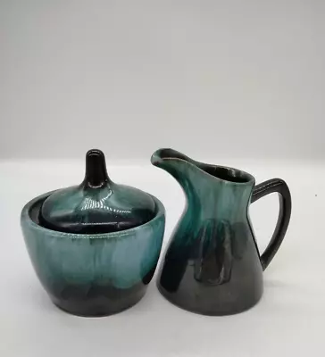 Buy Blue Mountain Pottery Creamer & Sugar Bowl With Lid Green Drip Vintage Canada • 27.02£