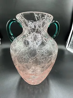 Buy Vintage Pink And Green Crackle Glass Urn With Twin Applied Handles • 45.81£