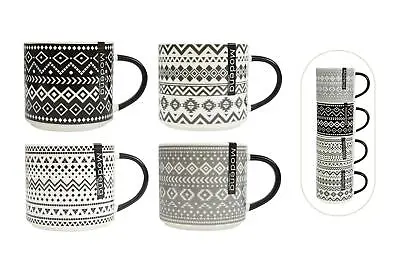Buy Set Of 4 Stacking Mugs Coffee Tea Cups Aztec Black Cream Grey Bone China Large • 16.95£