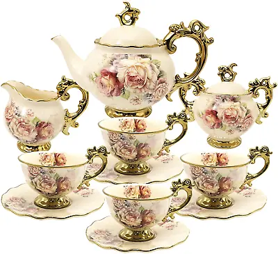 Buy 15 Pieces British Porcelain Tea Set Floral Vintage China Coffee Set Wedding Tea • 112.02£