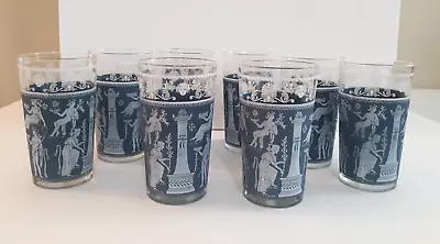 Buy 8 Vintage Wedgwood Jeanette Hellenic Greek Grecian Blue Bar Glasses 5” Set Of 8 • 37.23£