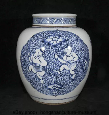 Buy 9.6   Ancient China Blue White Porcelain Dynasty Tongzi Pattern Crock Pot Jar • 315£
