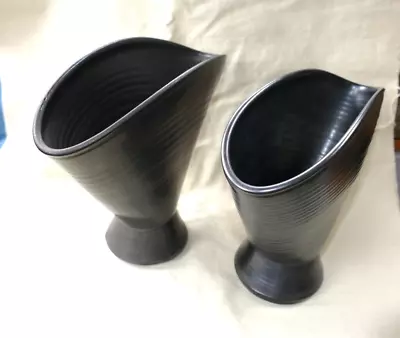 Buy Pair Of Prinknash Goth Style Black Studio Pottery- 21cm Tall Fan Shaped Vases- • 4.95£