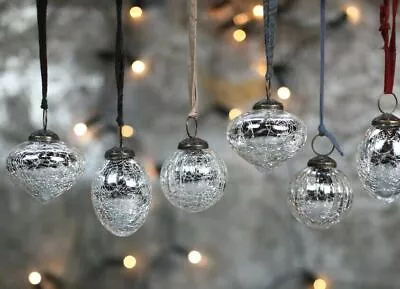 Buy 4 Silver Crackle Glass Baubles Mini Tiny Small Mercury Snowdrop Nkuku Xmas • 20£