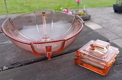 Buy Vintage 1930s Stolzle Czech Pink Glass Art Deco Fruit Bowl 24cm & Small Pin Box  • 12.50£