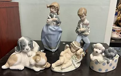 Buy 5 X Nao Lladro Figurines - Girl, Boy, Dogs & Cupid Figure Bundle • 39.95£