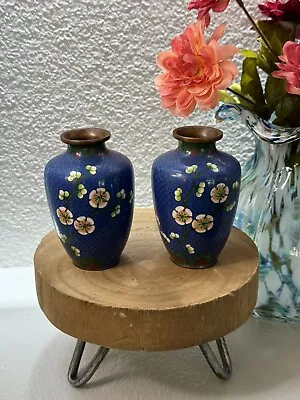 Buy Vintage Metal Chinese Cloisonné Enamel Miniature Floral Vases 3.75” Set Of 2 • 26.09£