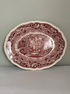 Buy Vintage Masons Vista Red Pink White Transfer Oval Serving Platter Plate 1930s • 14.99£