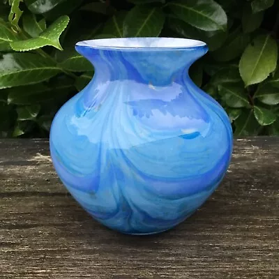 Buy Vintage Signed 1997 Silice Creation French Art Glass Vase Blue Swirl Design • 38£