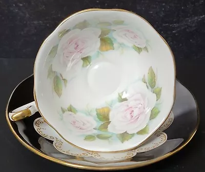 Buy Queens Fine Bone China Ebony Black & White Large Cabbage Rose Tea Cup & Saucer • 27.96£