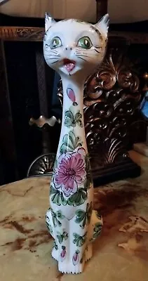 Buy Vintage Italian Pottery 15” Long Neck Cat Hand Painted W Flowers Made In Italy • 125£