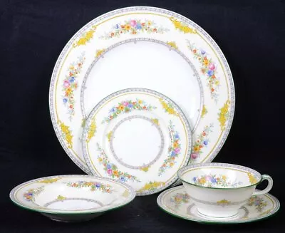 Buy Vintage MINTON #735350 STANWOOD Floral Green Edge Dinnerware: 5pc PLACE SETTINGS • 38.81£