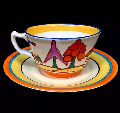 Buy Clarice Cliff Athens Tea Cup & Saucer Seven Colour Trees & House C1930 Bizarre • 375£