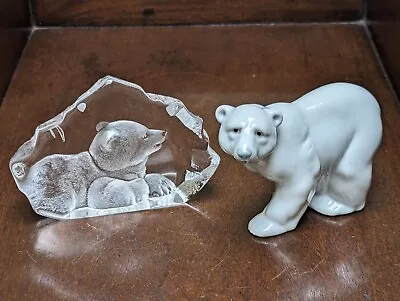 Buy Mats Jonasson Crystal Polar Bear Art Glass Signed Paperweight & Porcelain Set • 21£