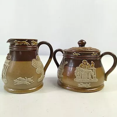 Buy Doulton Lambeth Salt Glaze Creamer Jug & Sugar Double Handled Pot Hounds Hunting • 15.95£