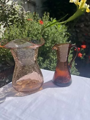 Buy A Pink Crackle Art Glass Vase And Small Pitcher • 20£