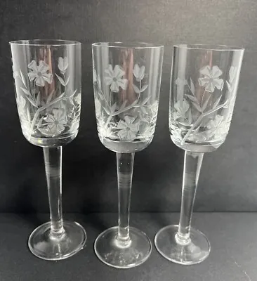 Buy Antique Etched Floral Crystal 3 Cordial Liqueur Glasses • 13.98£