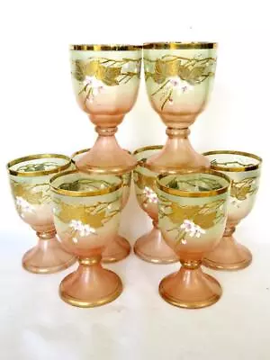 Buy Set 8 Antique Bohemian Moser Wine Glasses Pink Enamel Blossoms Gold Leaves 4.5 H • 69.89£