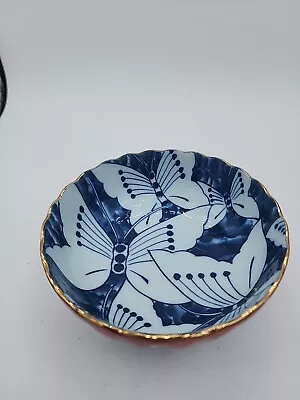 Buy Vintage Takahashi Bowl Butterfly Print Blue White Burnt Orange Gold Rim Signed • 20.49£