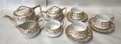 Buy Antique Hand Painted Fine Porcelain 12 Piece Tea Set Raised Gold Gilt Japan • 116.70£