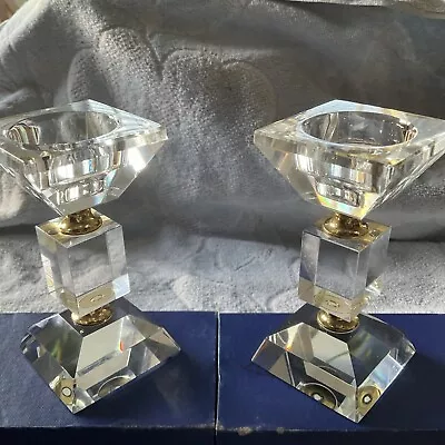 Buy PAIR OF HEAVY SQUARED GLASS CANDLESTICK HOLDERS 5  Tall • 20£