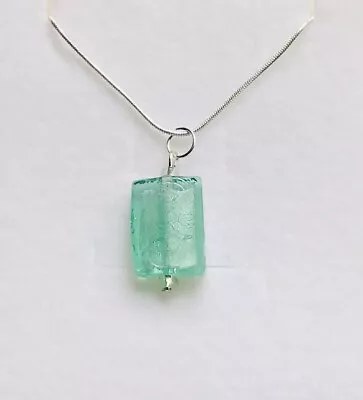 Buy Stunning Aqua Silver Lined Glass Rectangle Pendant & 925 Silver Chain • 4.99£