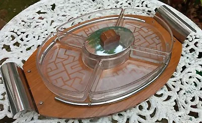 Buy Scarce Art Deco Era Walnut & Chrome Serving Tray Etched Geometric Glass Sections • 35.50£