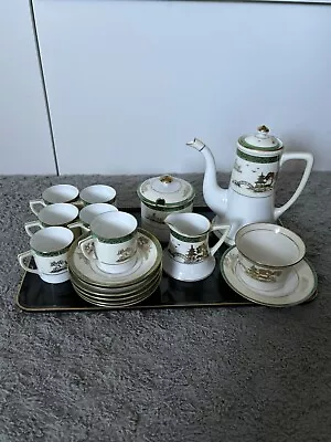 Buy Stunning Green And Gold Rim 17 Piece Japanese Noritake Coffee Set On Lacque Tray • 29.99£
