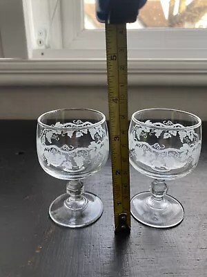 Buy Set Of 2 Antique Grape & Vine Etched Glass Hexagon Knopped Brandy Cognac Glasses • 15£