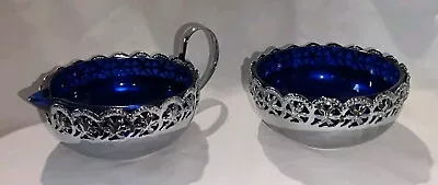 Buy Vintage Cobalt Blue Glass In Chrome Sugar Bowl & Cream Jug Made In England • 12.99£