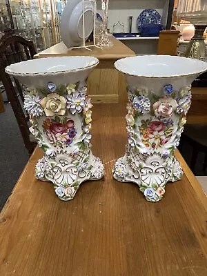 Buy Fine Pair German Dresden Porcelain Hand Painted Flower Encrusted Vases • 115£