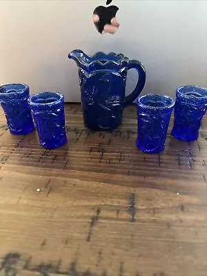 Buy Child's Cobalt Blue Glass Tea /  Lemonade Pitcher & 4 Glasses Peacock Pattern • 14£