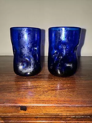 Buy 2 Blenko Cobalt Blue Glass Hand Made Tumbler Glass 4.5” Tall Dimpled • 32.67£