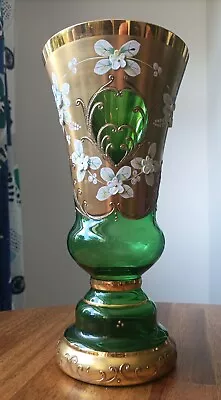 Buy Vintage Bohemian Czech Glass Vase Handpainted Green Gold Decor • 30£