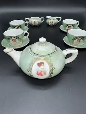 Buy Antique Childs Lusterware  Tea Set 4 Plates Sugar Teapot Green 2 Diff Portraits • 56.02£