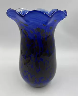 Buy Handblown Art Glass Vase Blue Signed Ruffled • 28.49£