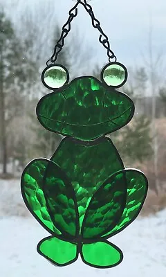 Buy Vintage Leaded Stained Glass Green Frog Suncatcher Whimsical Big Bulging Eyes • 18.64£