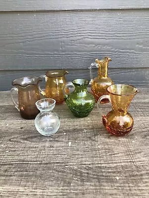 Buy Hand Blown Crackle Glass Small Pitcher Vase Cruet Pitcher Lot Of 6 Amber Green • 41.94£